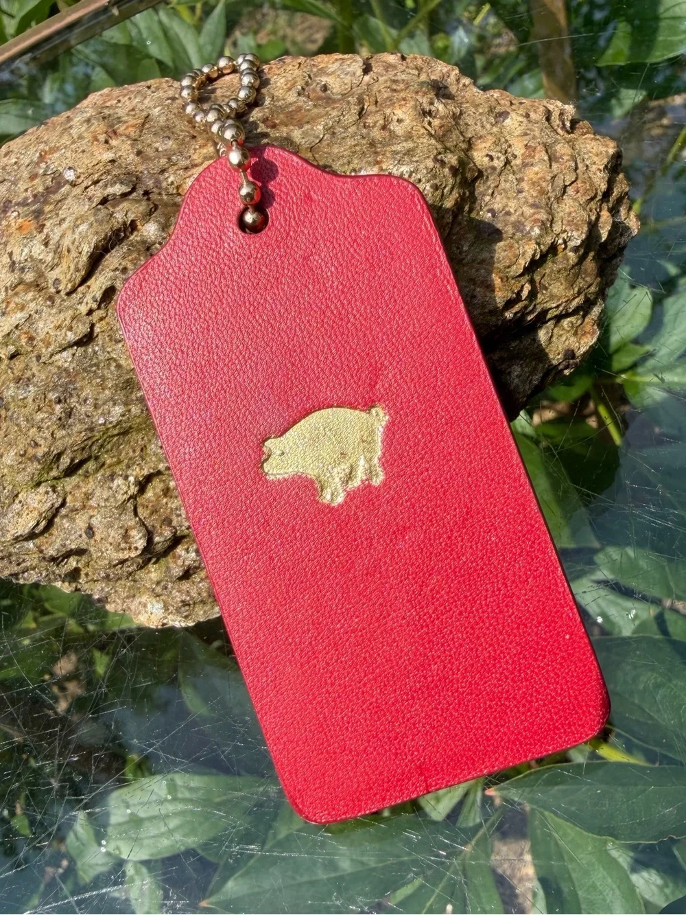 Coach Large Leather Hangtag with Gold Pig Print, 1 3/4” (L) x 3” (H)
